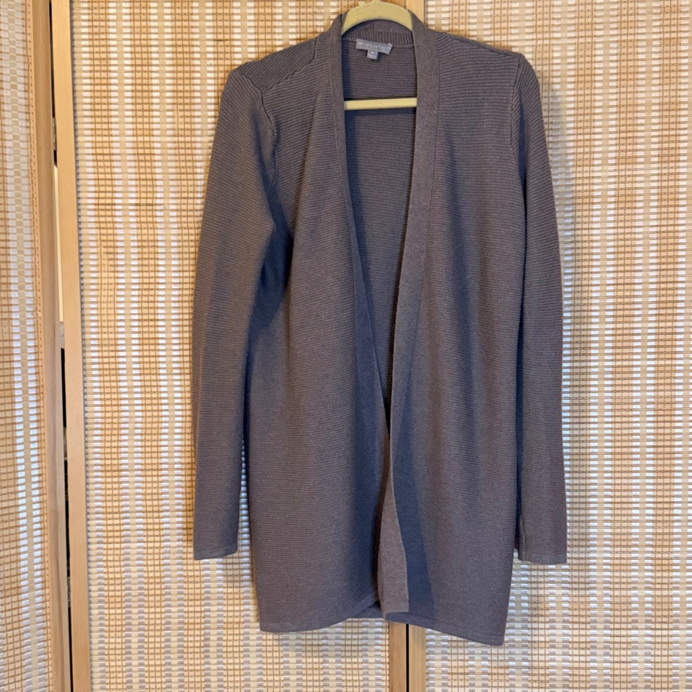 Evolution by Cyrus Womens Taupe Mauve Ribbed Open Front Longline Cardigan M